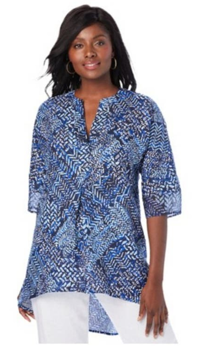 Jessica London Women 30W 5x Blue/ White Linen/ Chiffon Flowy Tunic Blouse Top